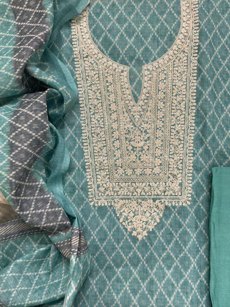 Image of Soft Fine Linen Jute Cotton Printed Embroidered Suit - Blue