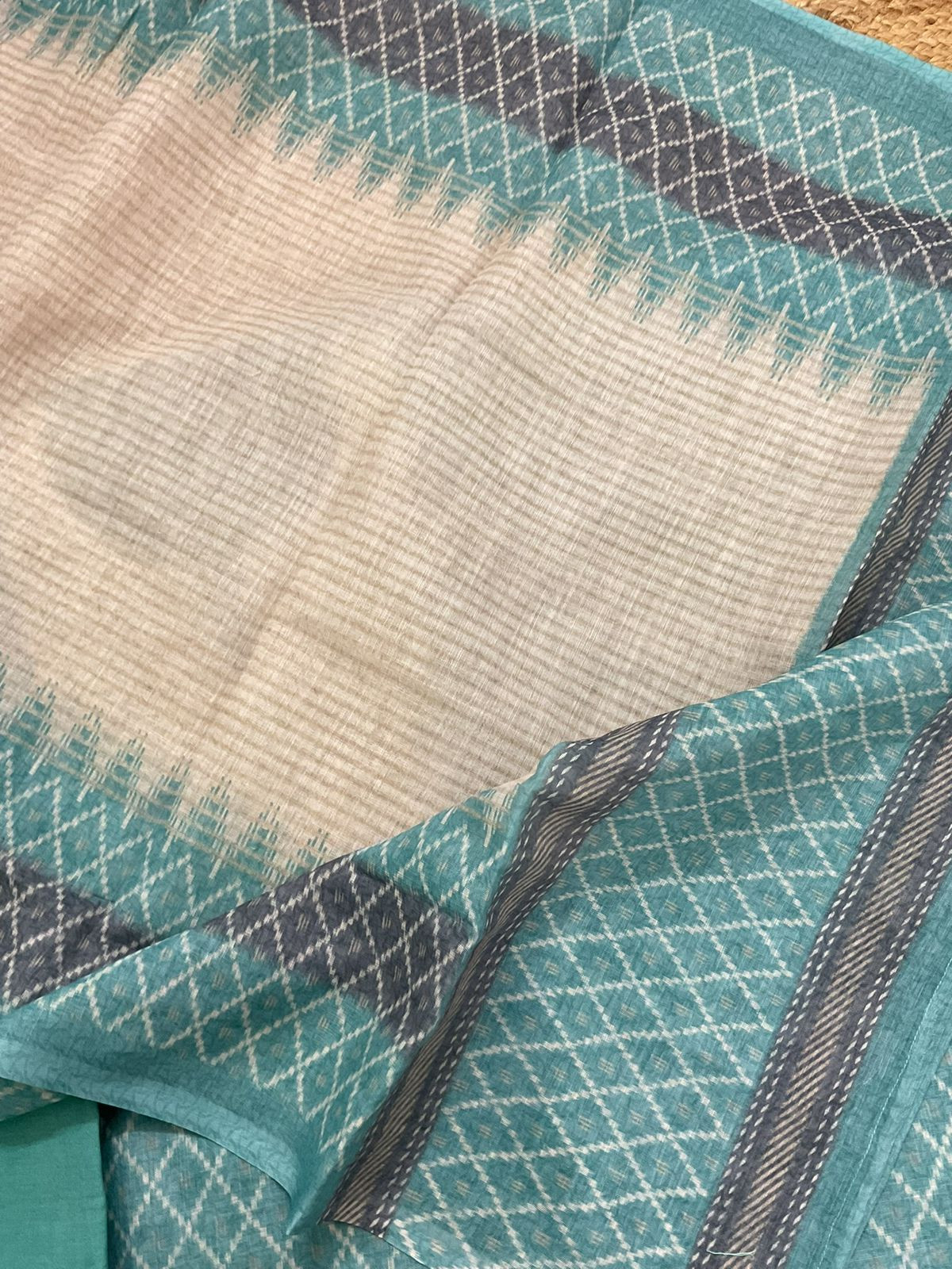 Soft Fine Linen Jute Cotton Printed Embroidered Suit - Blue