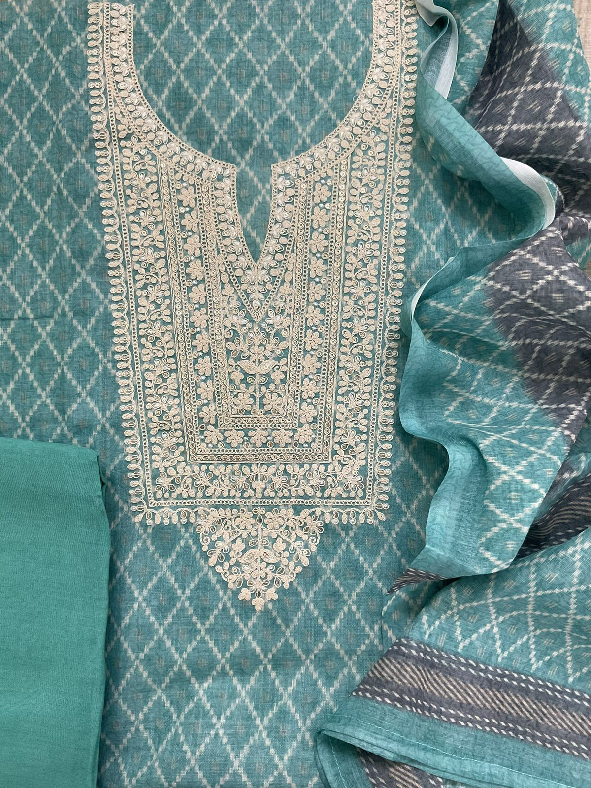 Soft Fine Linen Jute Cotton Printed Embroidered Suit - Blue