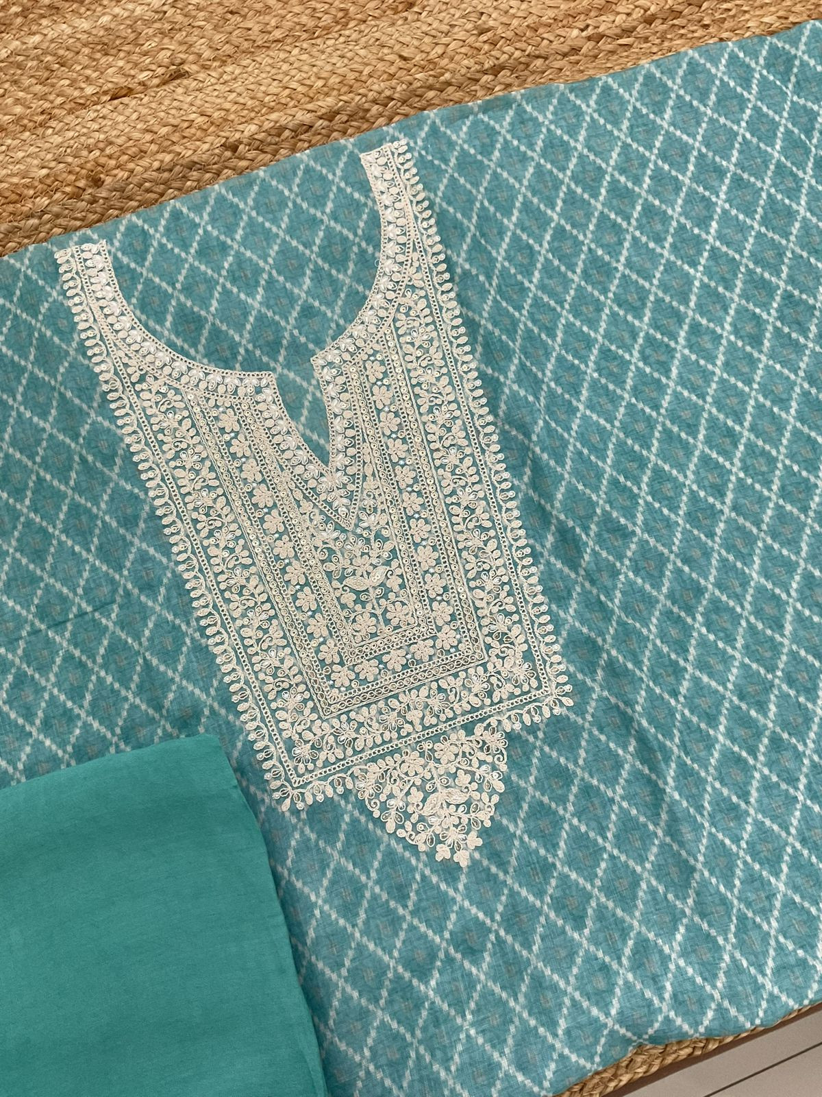 Soft Fine Linen Jute Cotton Printed Embroidered Suit - Blue