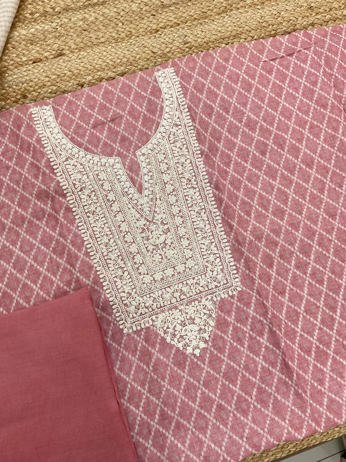 Soft Fine Linen Jute Cotton Printed Embroidered Suit - Pink