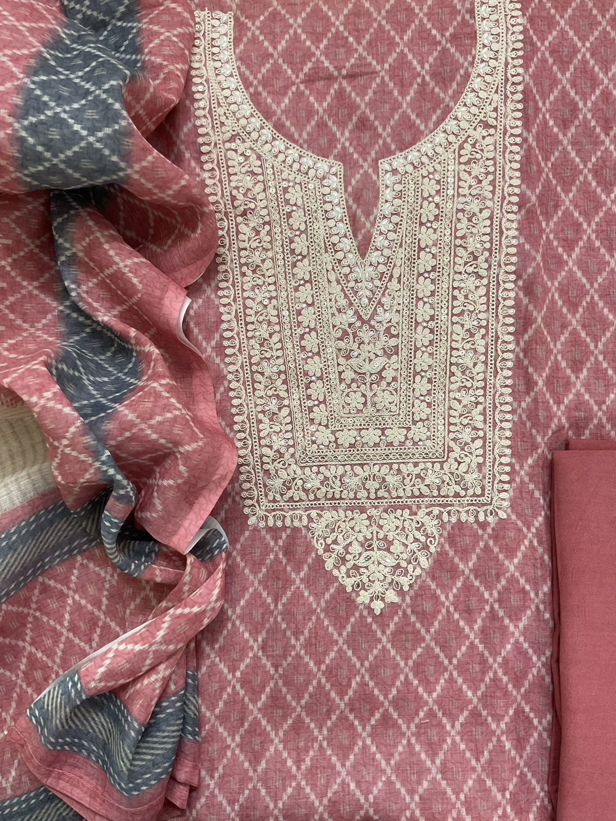 Soft Fine Linen Jute Cotton Printed Embroidered Suit - Pink