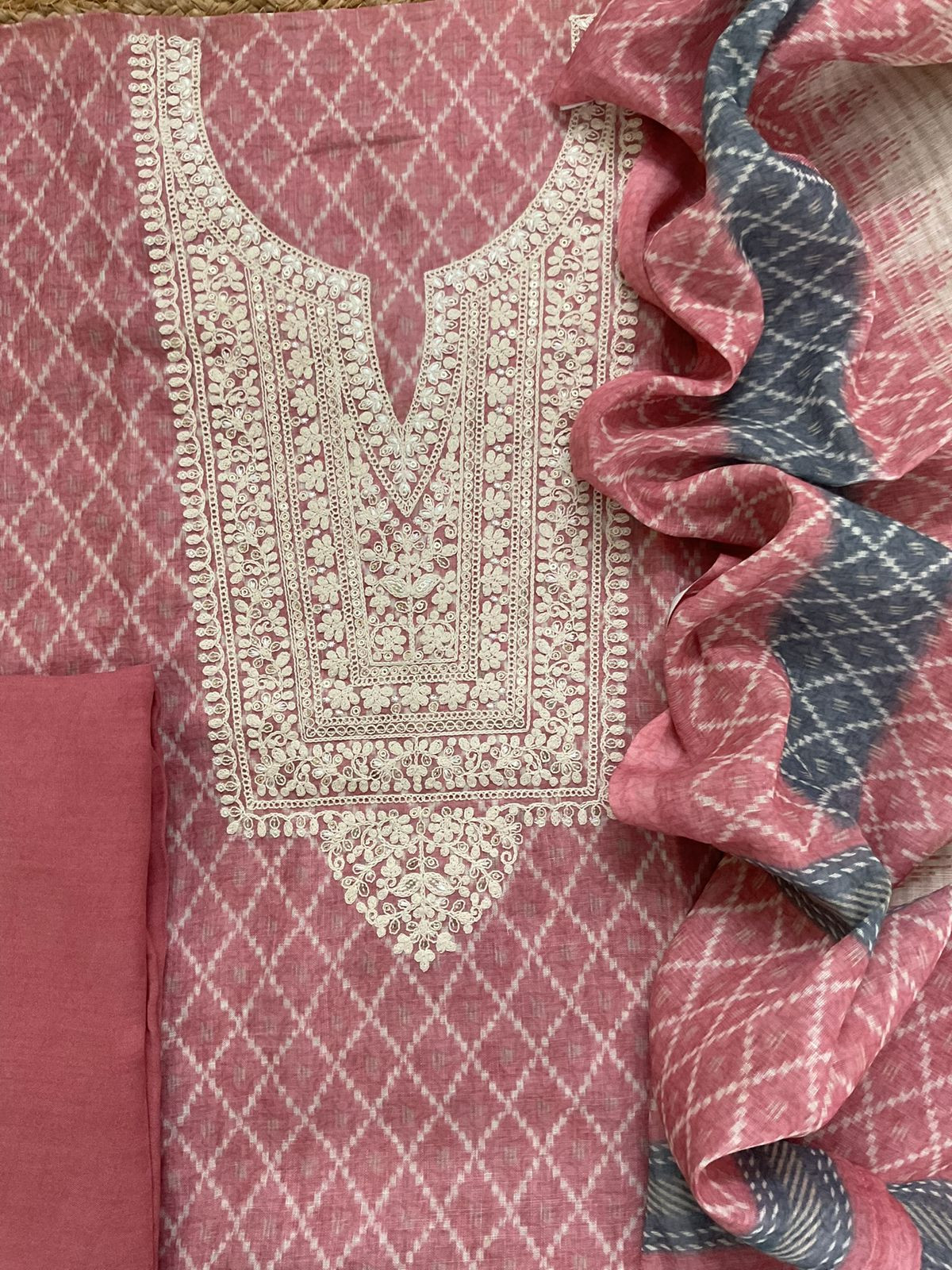 Soft Fine Linen Jute Cotton Printed Embroidered Suit - Pink