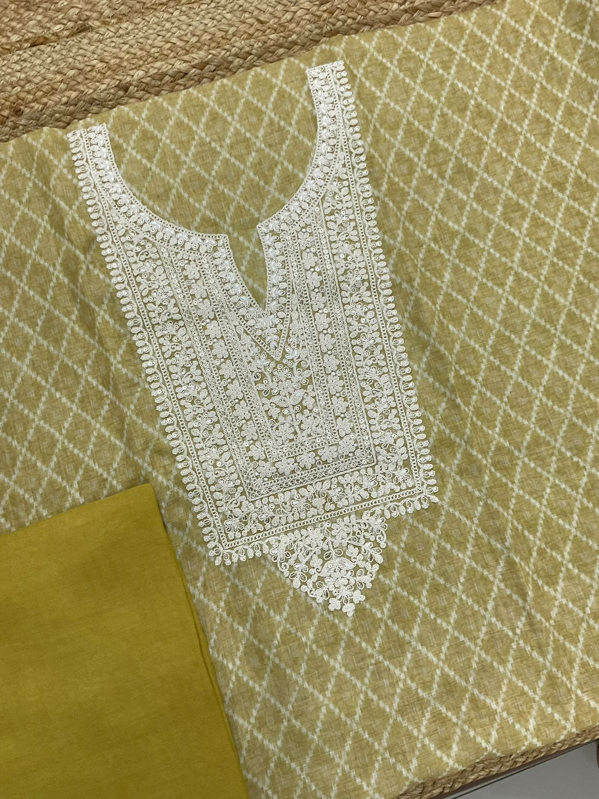 Soft Fine Linen Jute Cotton Printed Embroidered Suit - Yellow