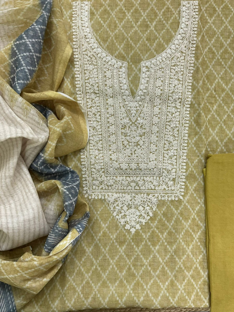 Image of Soft Fine Linen Jute Cotton Printed Embroidered Suit - Yellow