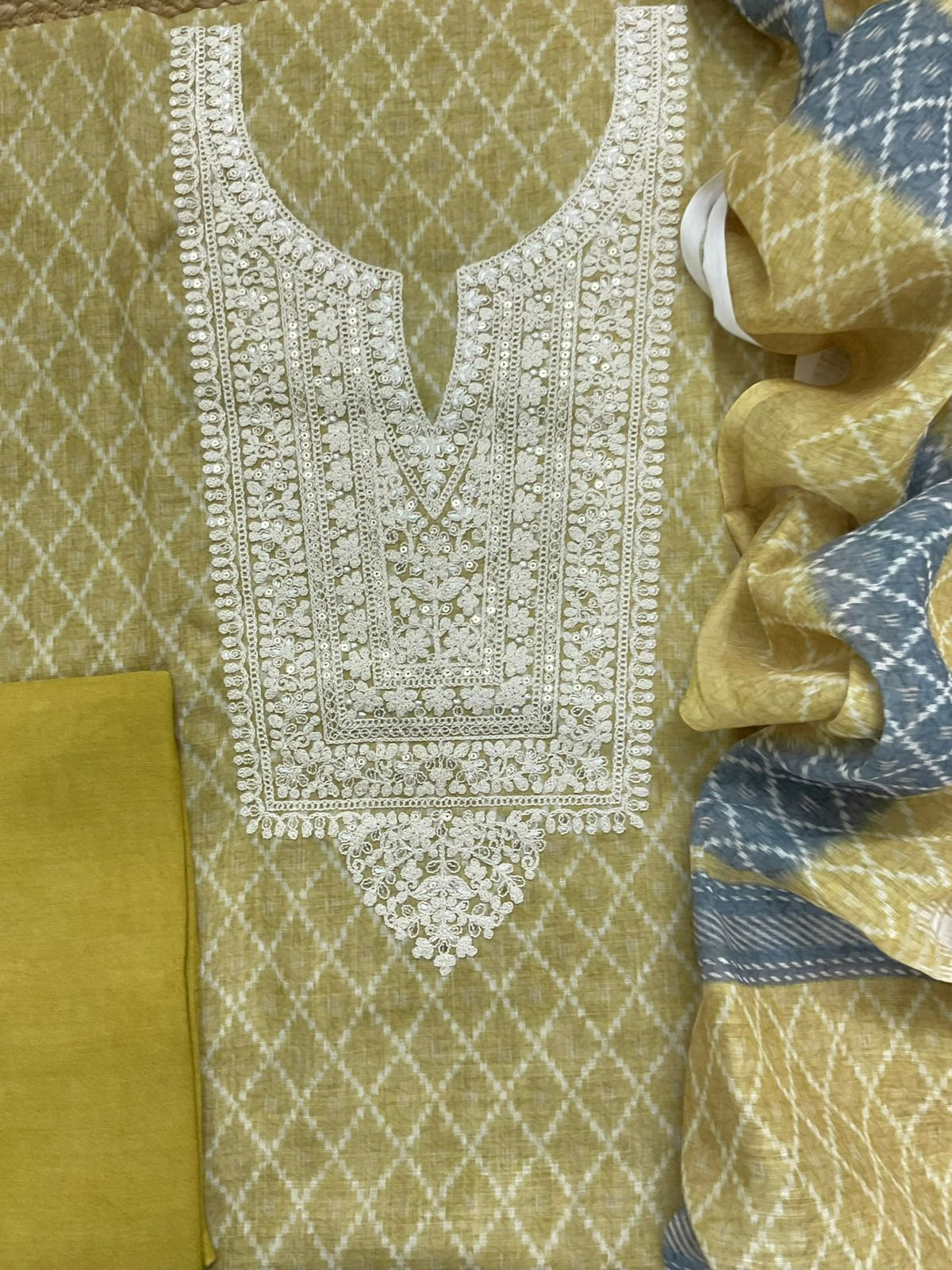 Soft Fine Linen Jute Cotton Printed Embroidered Suit - Yellow