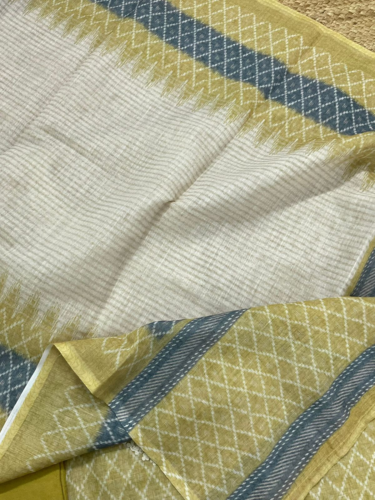 Soft Fine Linen Jute Cotton Printed Embroidered Suit - Yellow