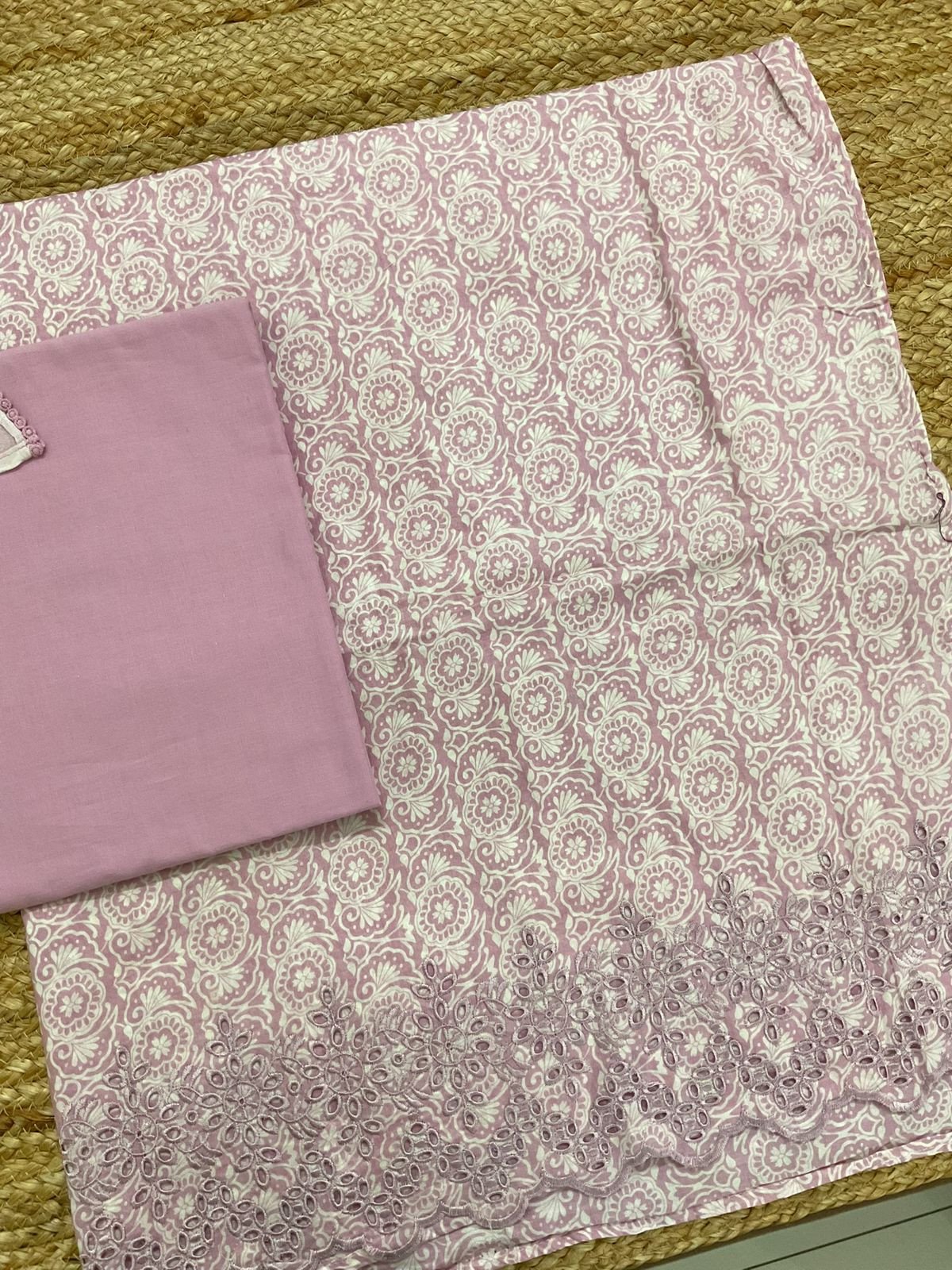 Pure Fine Cotton Printed Embroidered Suit - Lavender