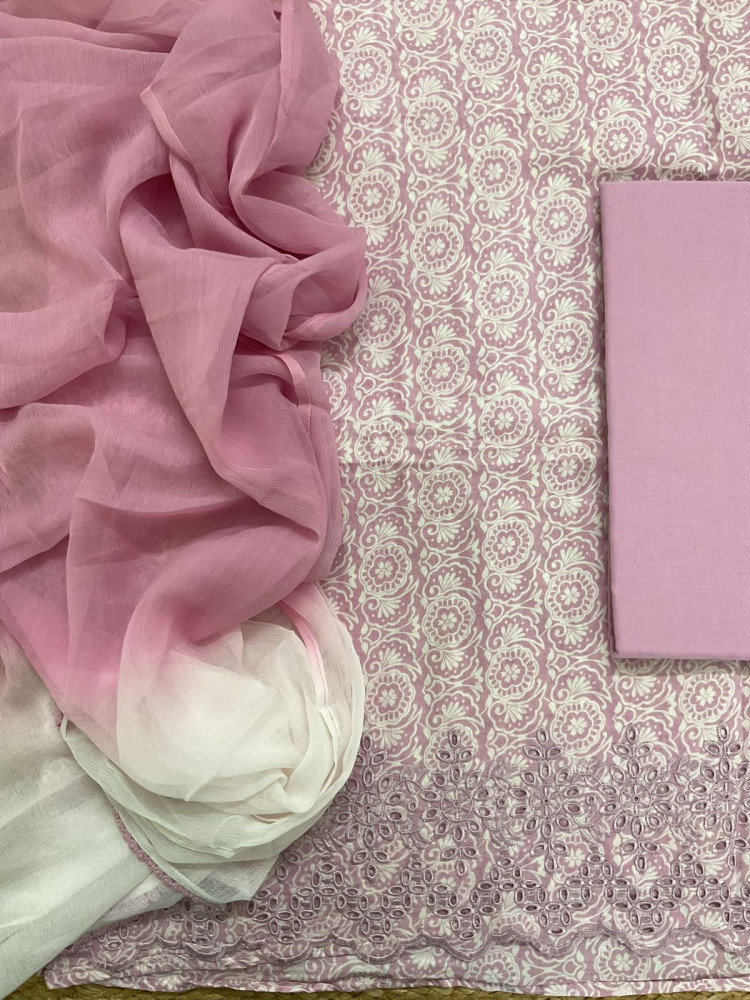 Image of Pure Fine Cotton Printed Embroidered Suit - Lavender