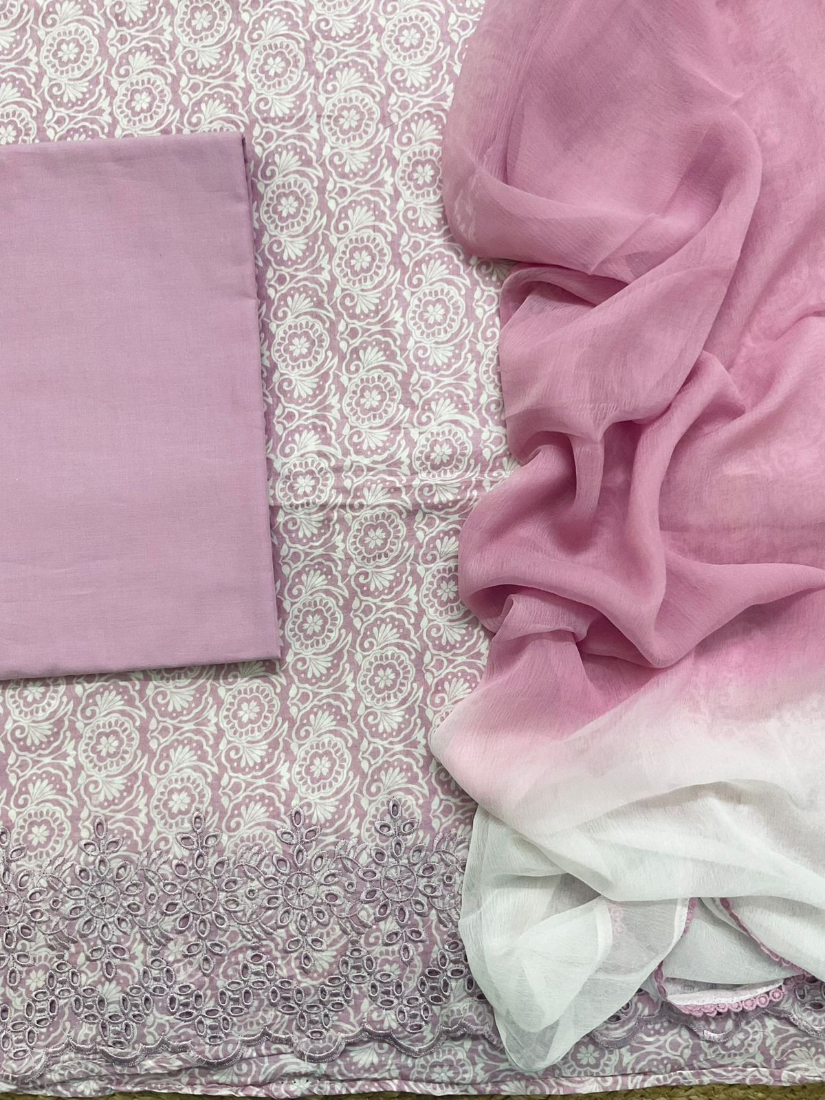 Pure Fine Cotton Printed Embroidered Suit - Lavender