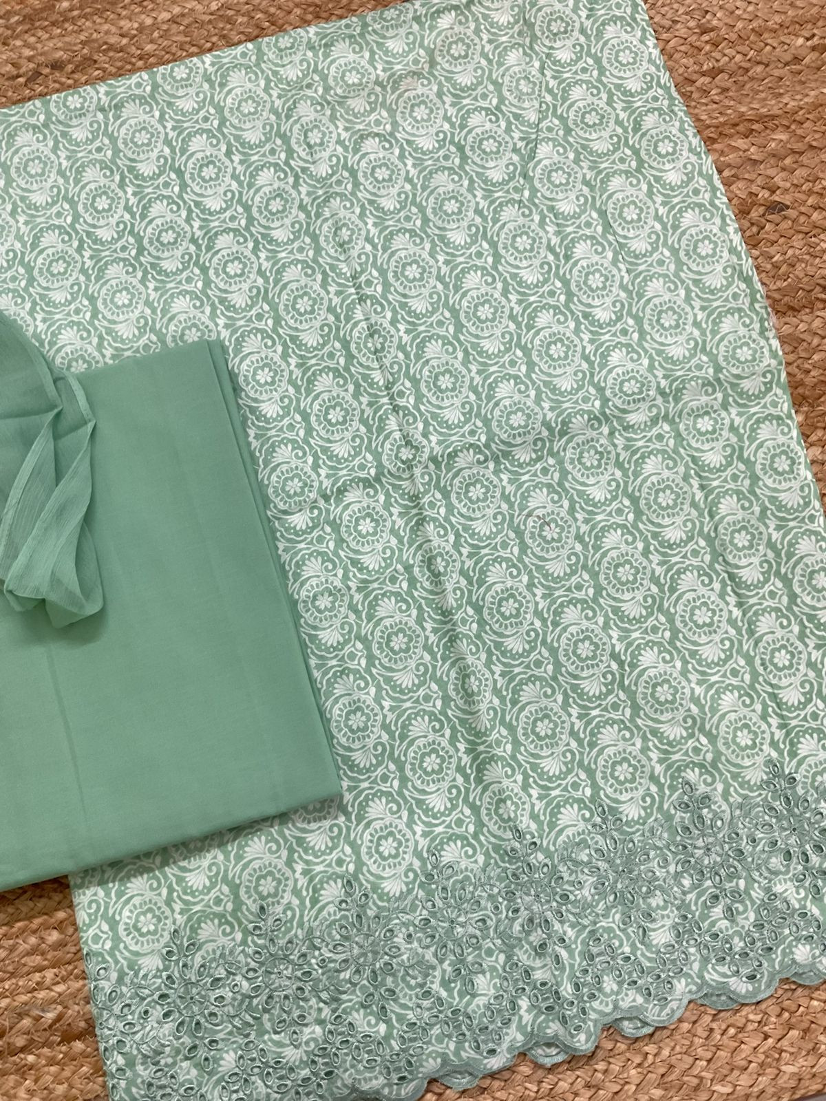 Pure Fine Cotton Printed Embroidered Suit - Green