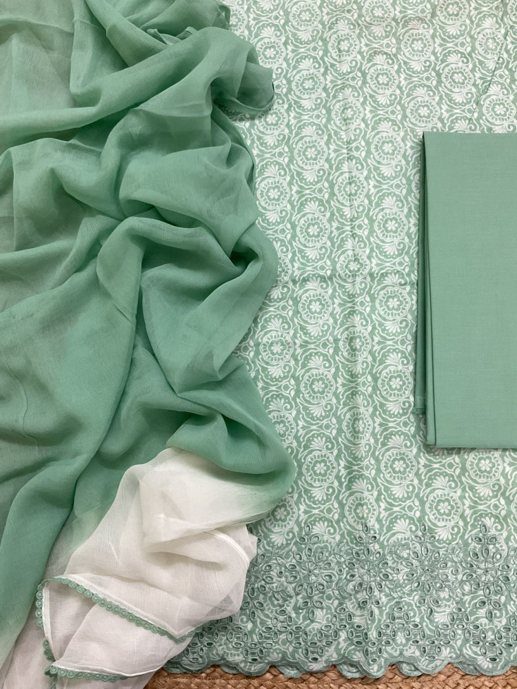 Image of Pure Fine Cotton Printed Embroidered Suit - Green