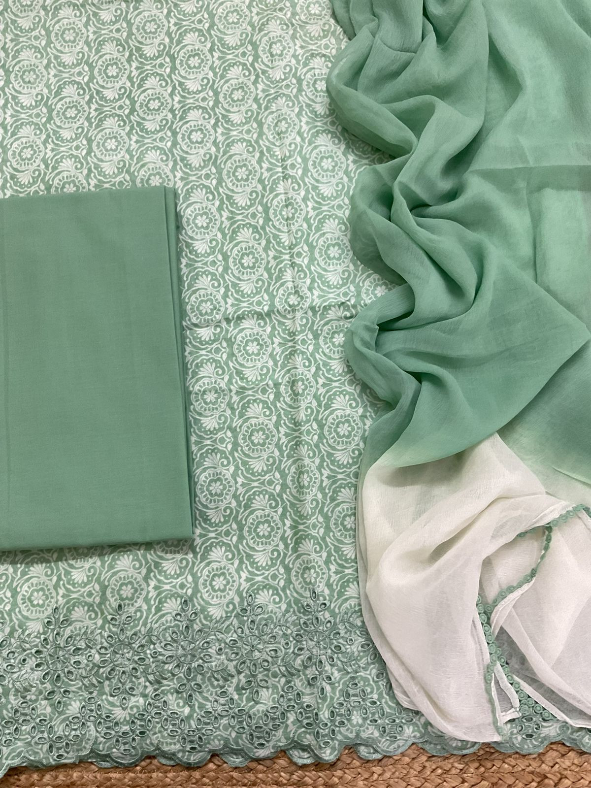 Pure Fine Cotton Printed Embroidered Suit - Green