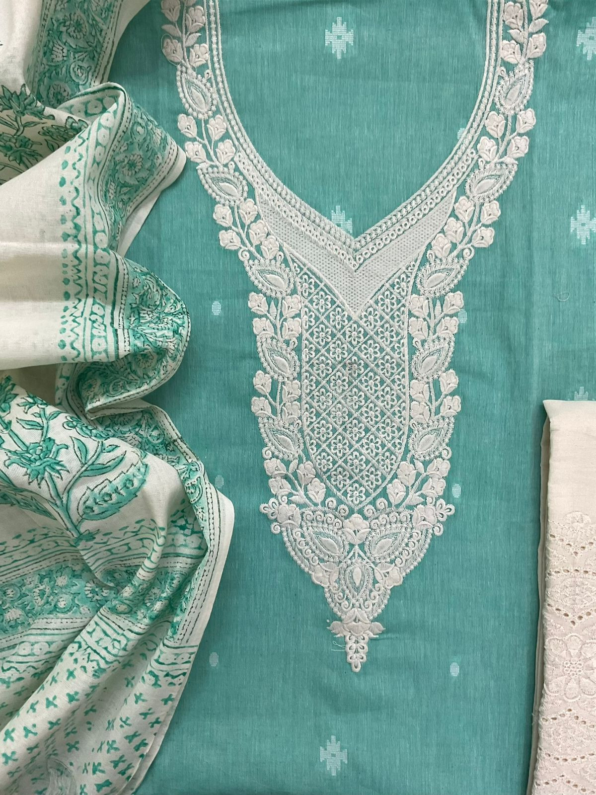 Pure Handloon Cotton Self Weaved Printed Embroidered Suit - Blue