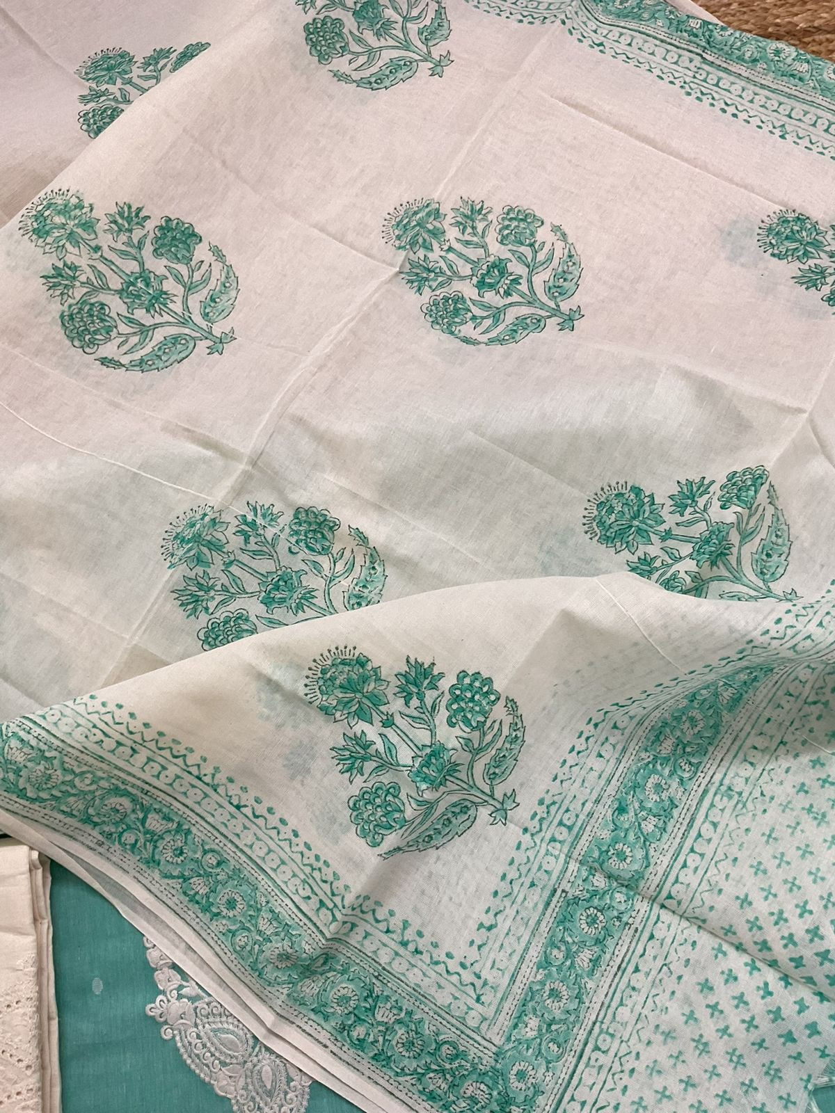 Pure Handloon Cotton Self Weaved Printed Embroidered Suit - Blue