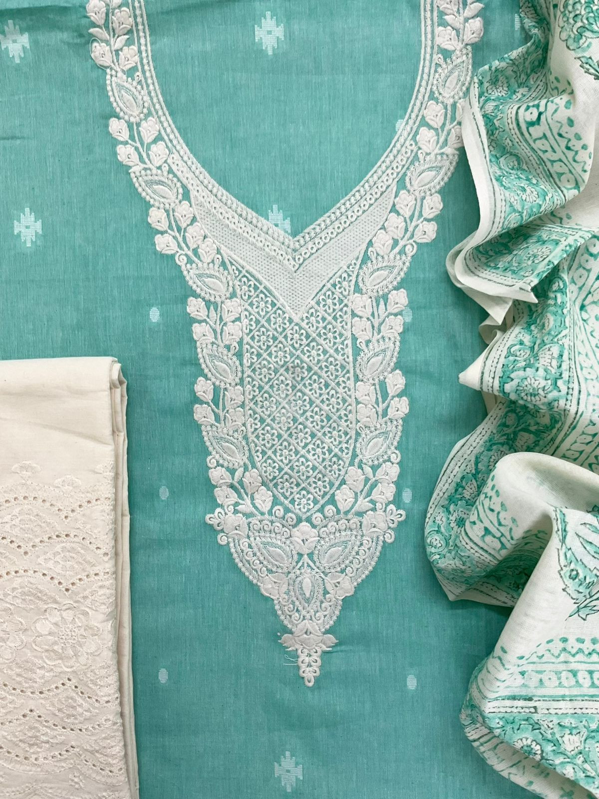 Pure Handloon Cotton Self Weaved Printed Embroidered Suit - Blue