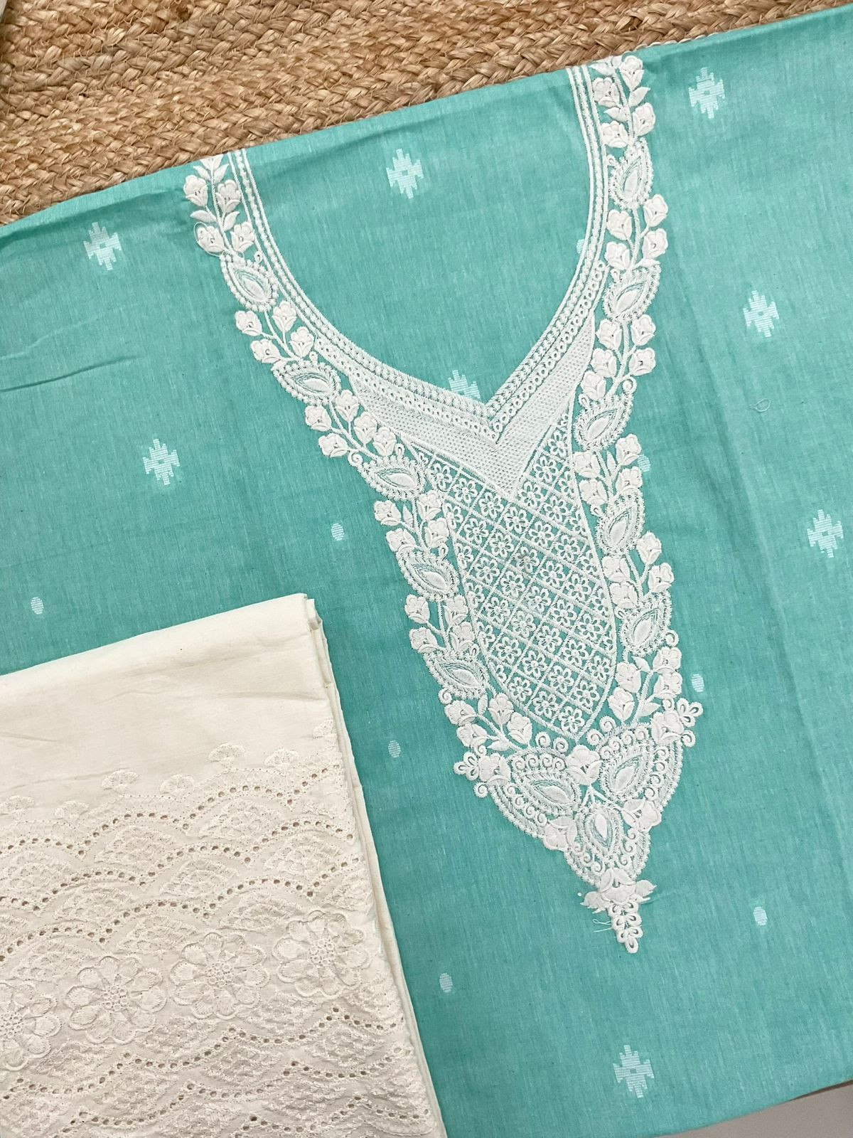 Pure Handloon Cotton Self Weaved Printed Embroidered Suit - Blue