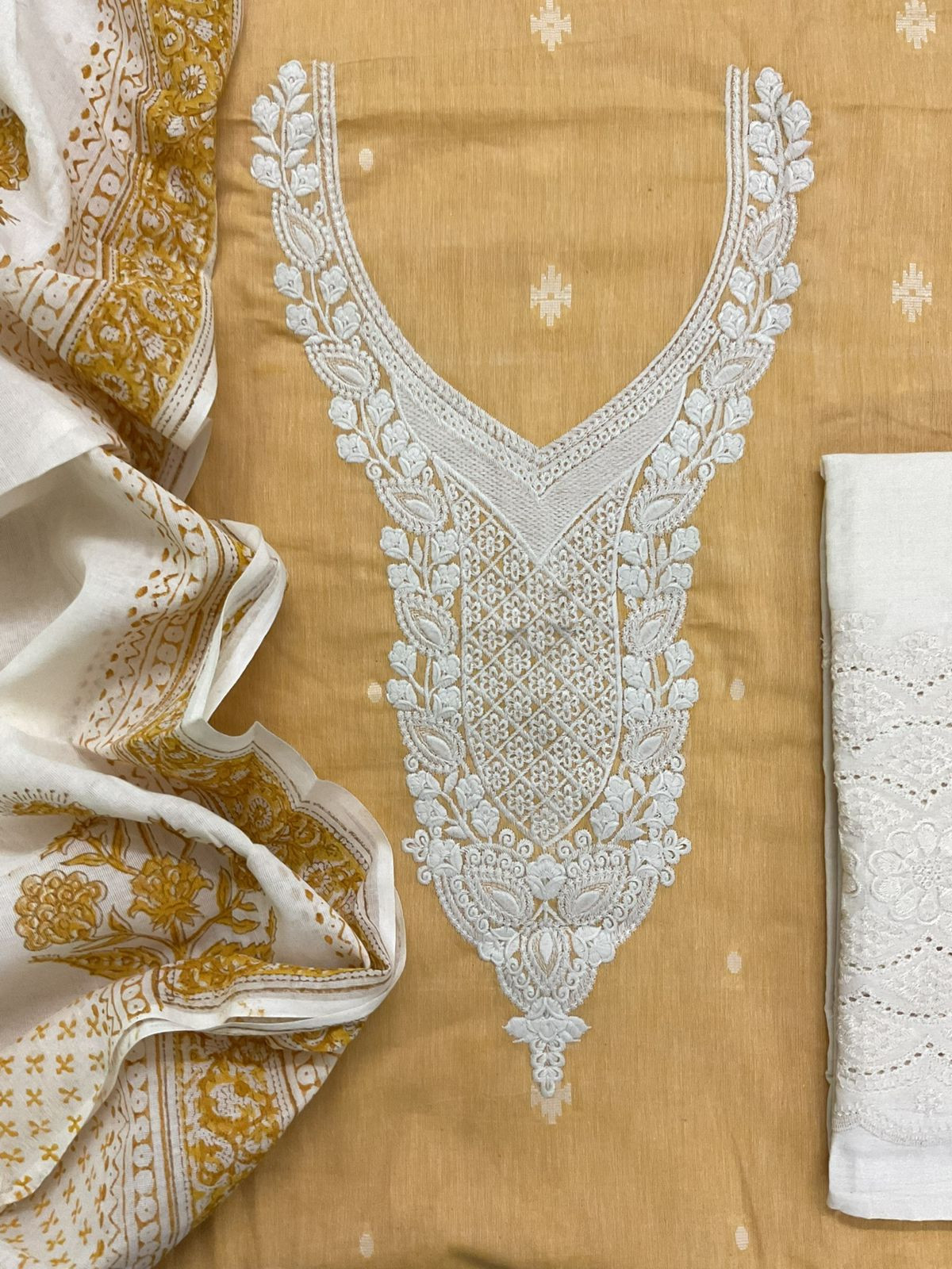 Pure Handloon Cotton Self Weaved Printed Embroidered Suit - Yellow