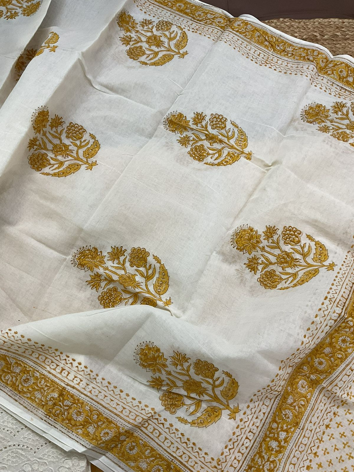Pure Handloon Cotton Self Weaved Printed Embroidered Suit - Yellow