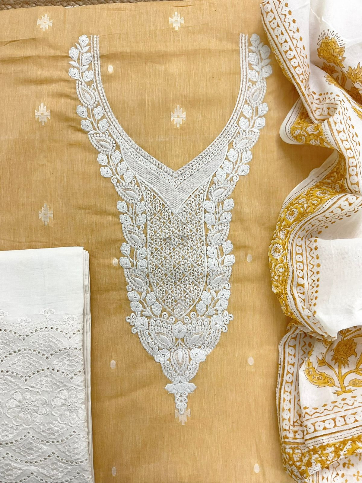 Pure Handloon Cotton Self Weaved Printed Embroidered Suit - Yellow