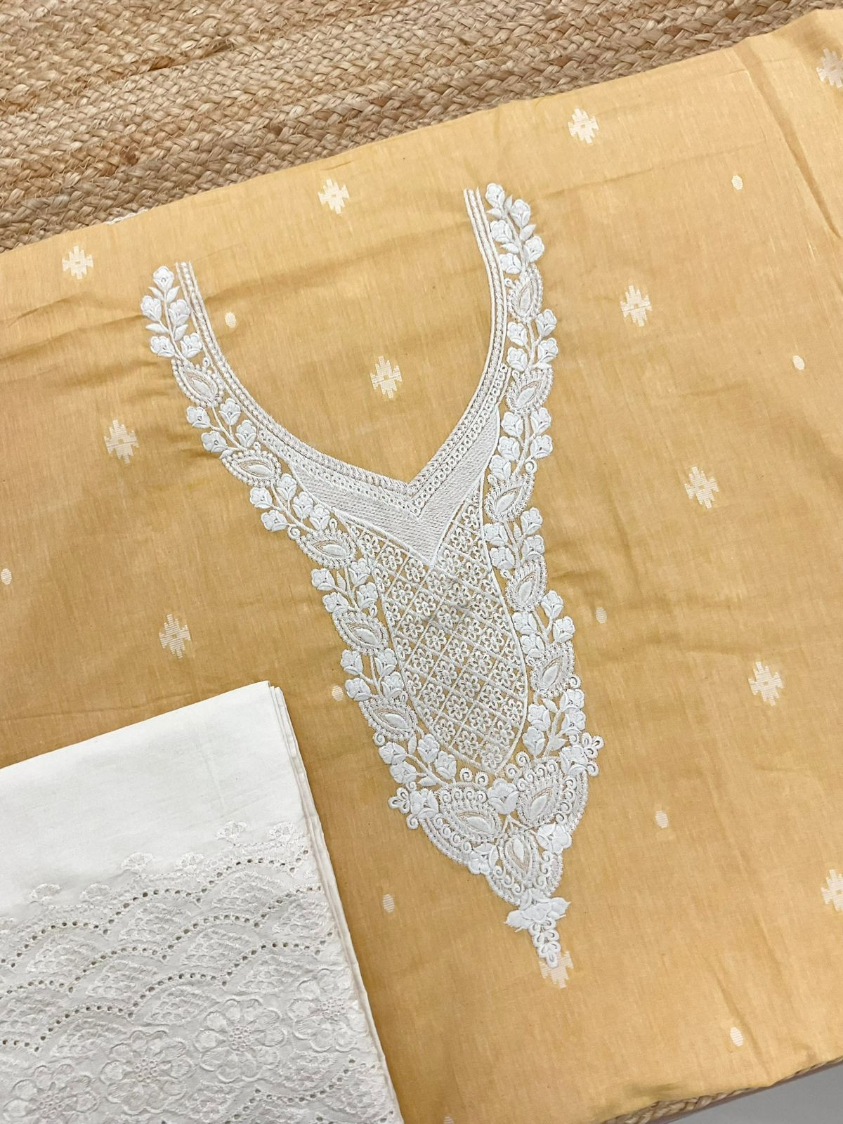 Pure Handloon Cotton Self Weaved Printed Embroidered Suit - Yellow