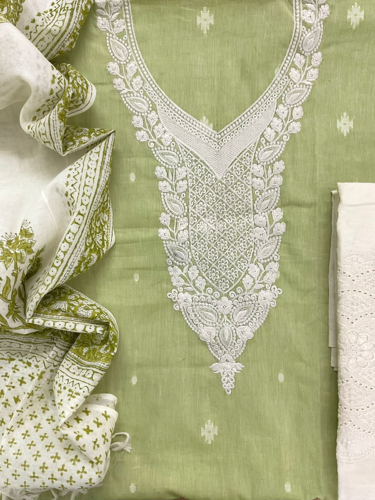 Pure Handloon Cotton Self Weaved Printed Embroidered Suit - Green
