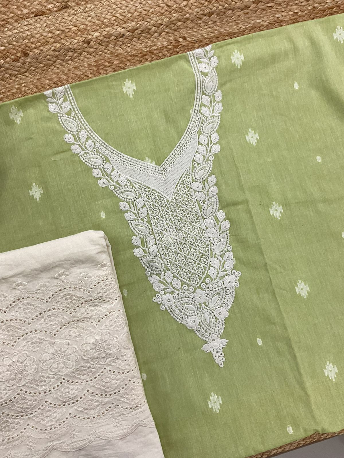 Pure Handloon Cotton Self Weaved Printed Embroidered Suit - Green