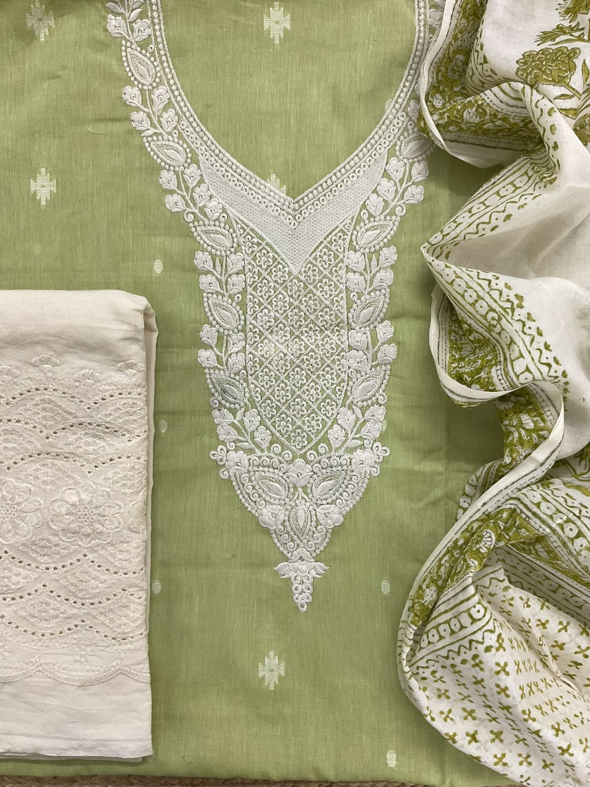 Pure Handloon Cotton Self Weaved Printed Embroidered Suit - Green