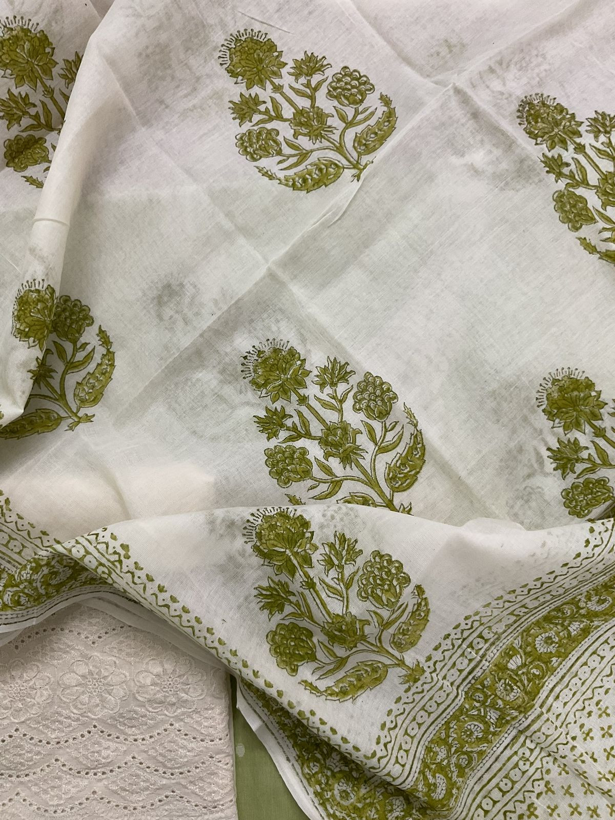 Pure Handloon Cotton Self Weaved Printed Embroidered Suit - Green