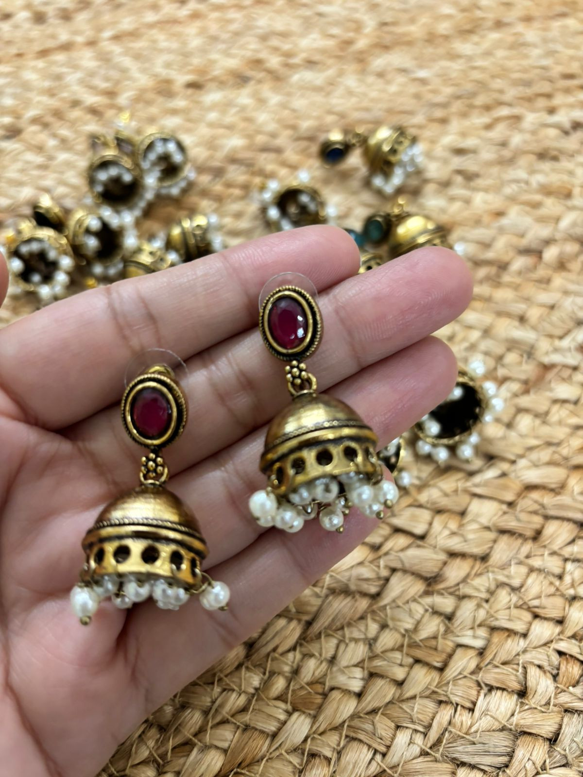 Metallic Oxidised Gold Earrings - Maroon