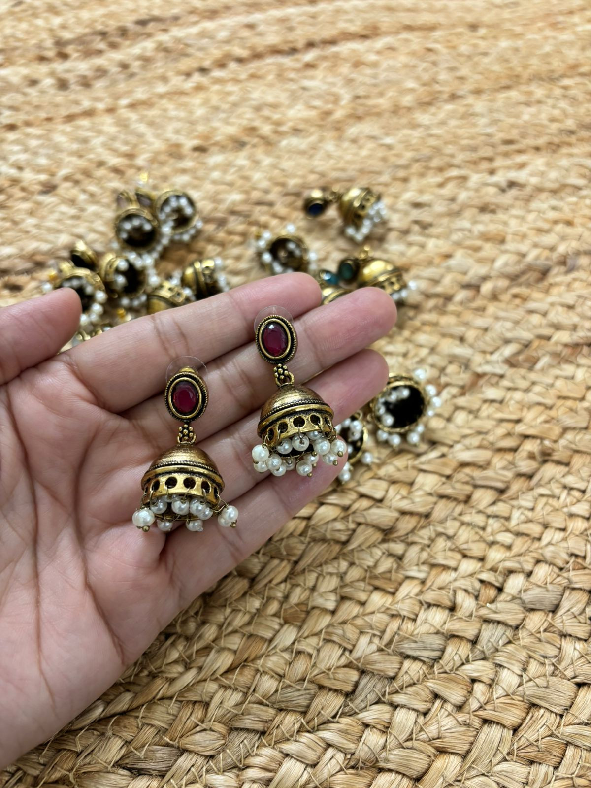 Metallic Oxidised Gold Earrings - Maroon