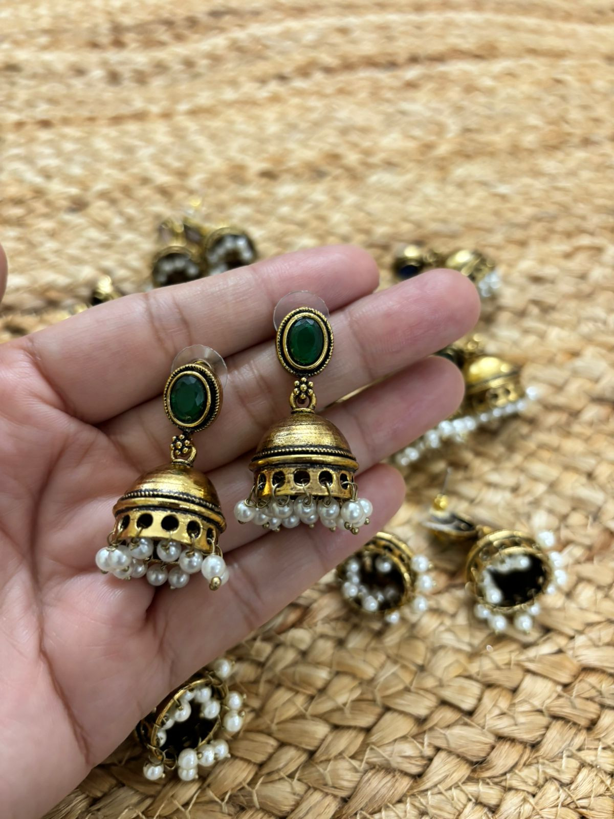 Metallic Oxidised Gold Earrings - Green