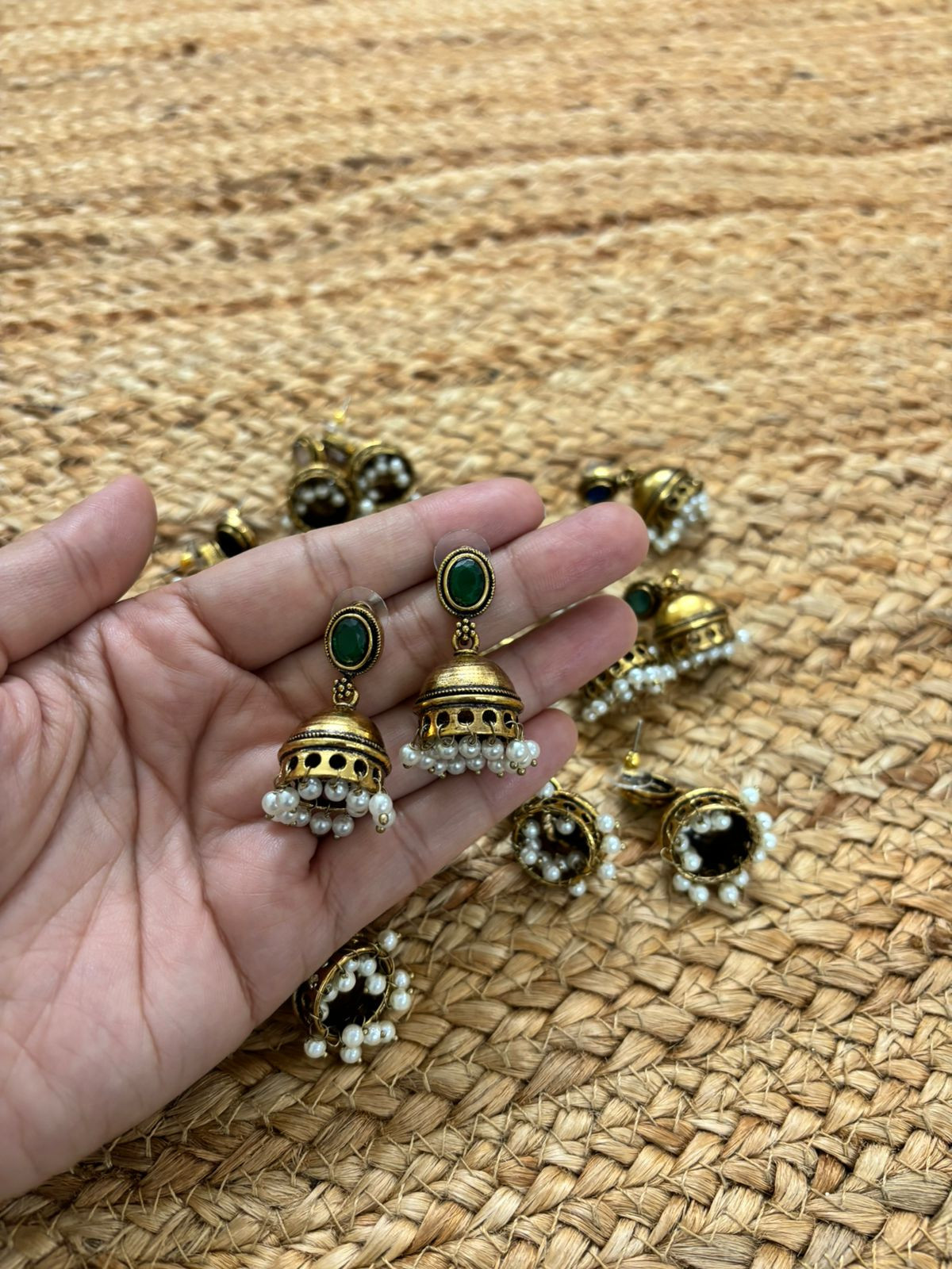 Metallic Oxidised Gold Earrings - Green