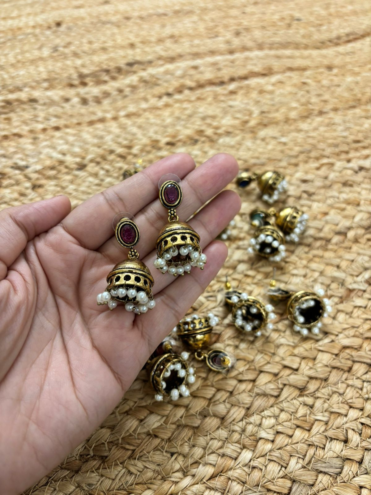 Metallic Oxidised Gold Earrings - Wine