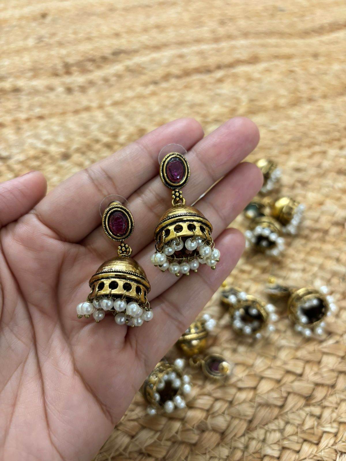 Metallic Oxidised Gold Earrings - Wine