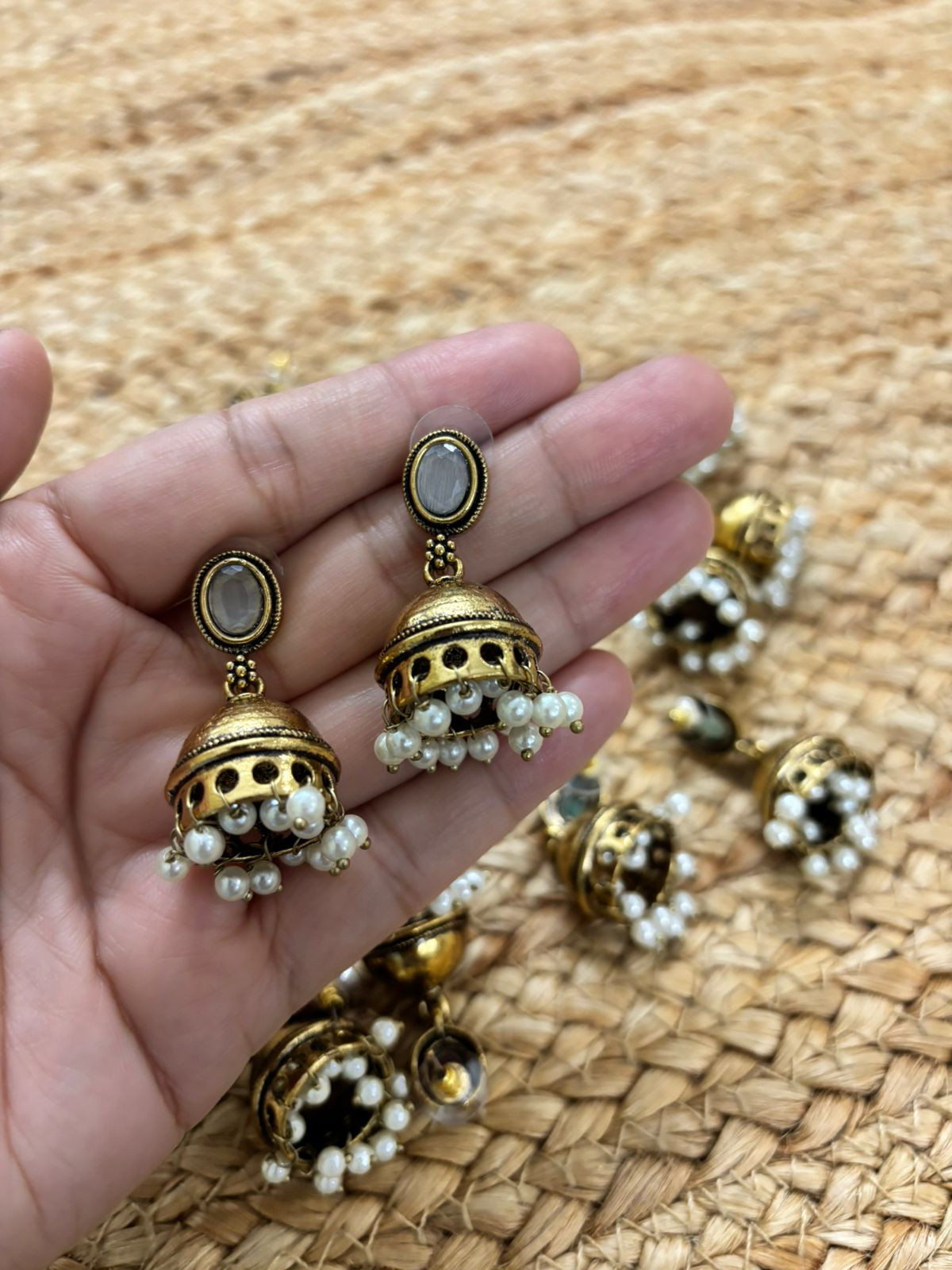 Metallic Oxidised Gold Earrings - White