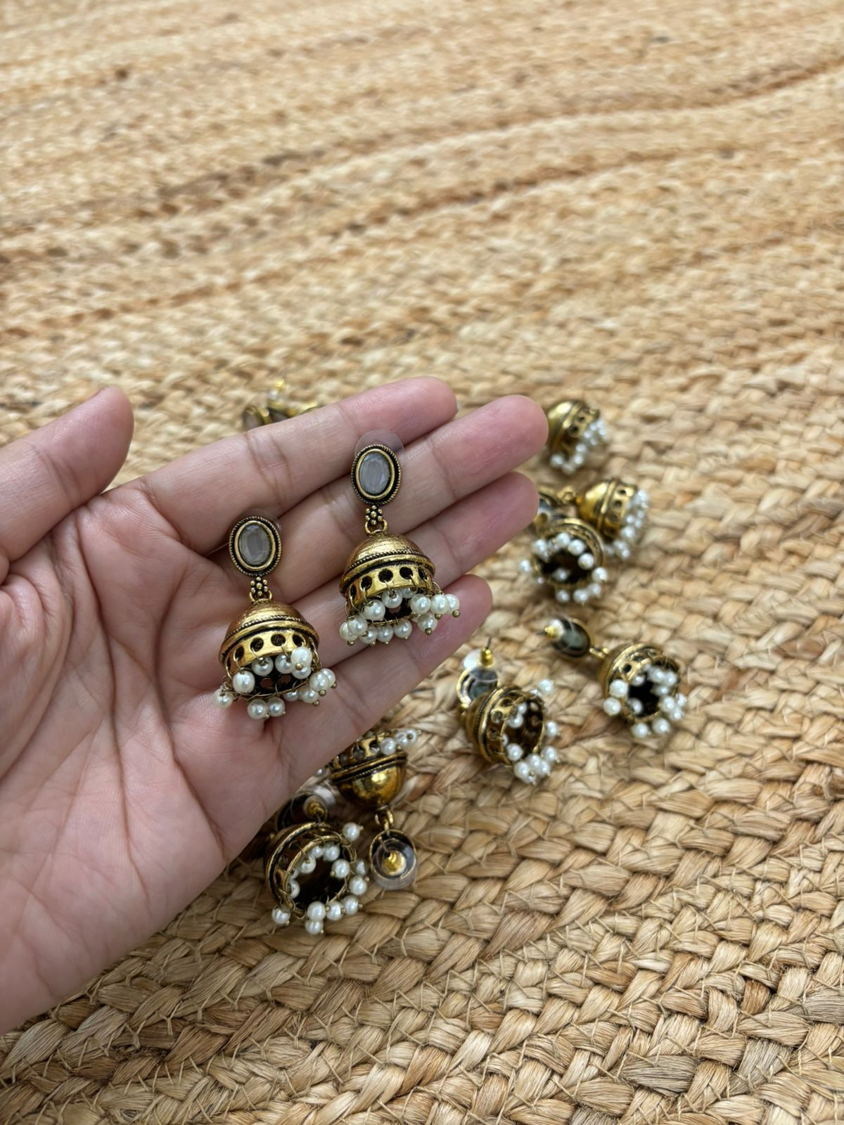 Metallic Oxidised Gold Earrings - White