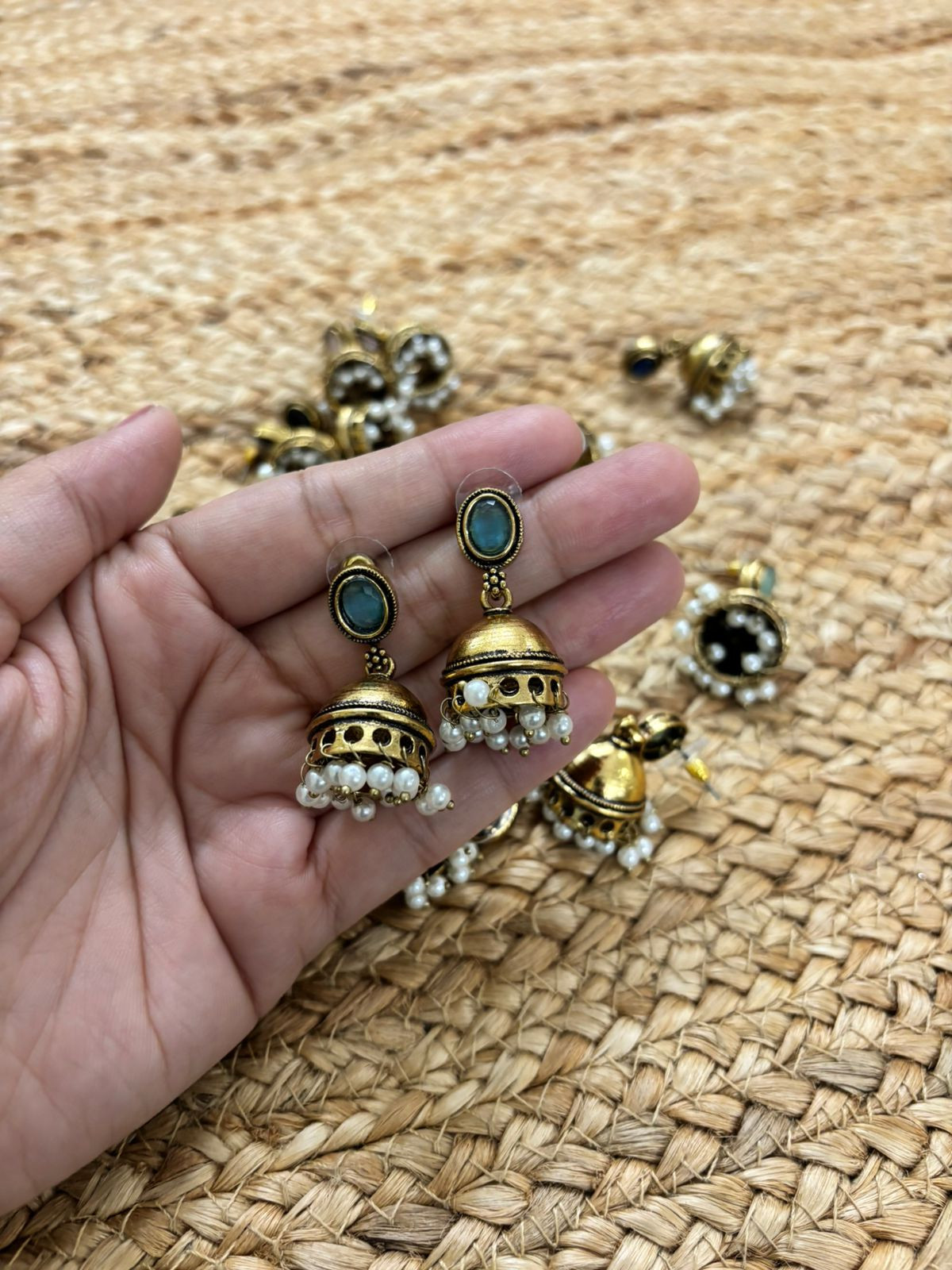 Metallic Oxidised Gold Earrings - Sea Blue