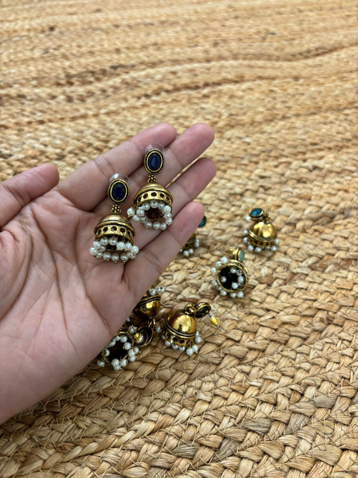 Metallic Oxidised Gold Earrings - Blue