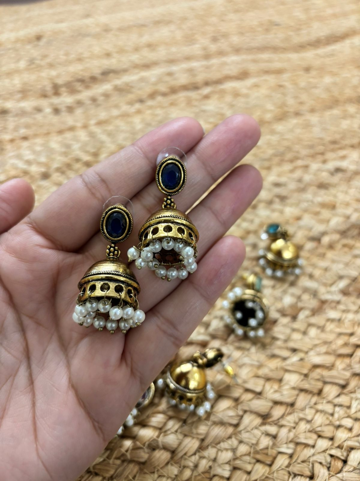 Metallic Oxidised Gold Earrings - Blue