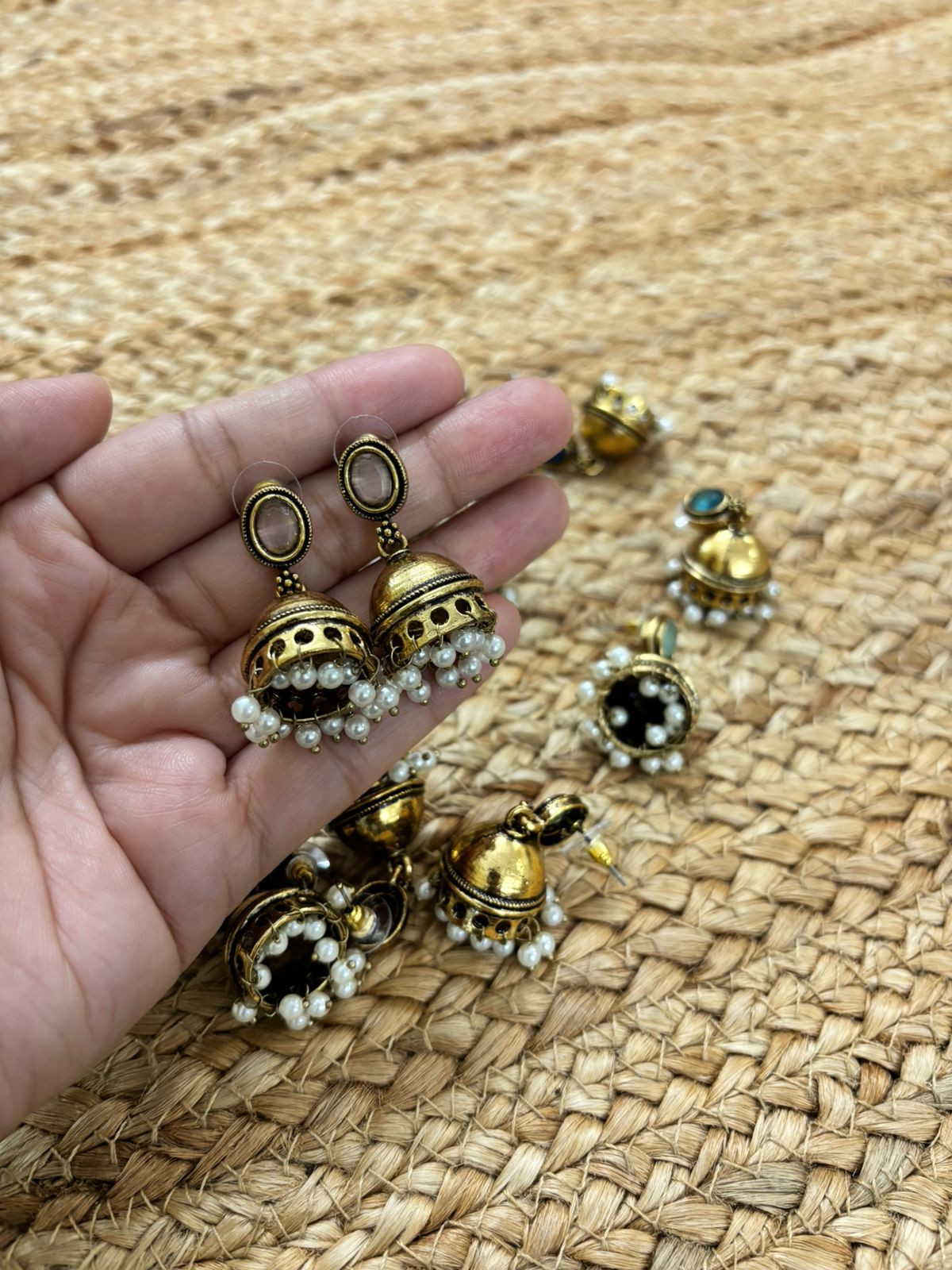 Metallic Oxidised Gold Earrings - Pink