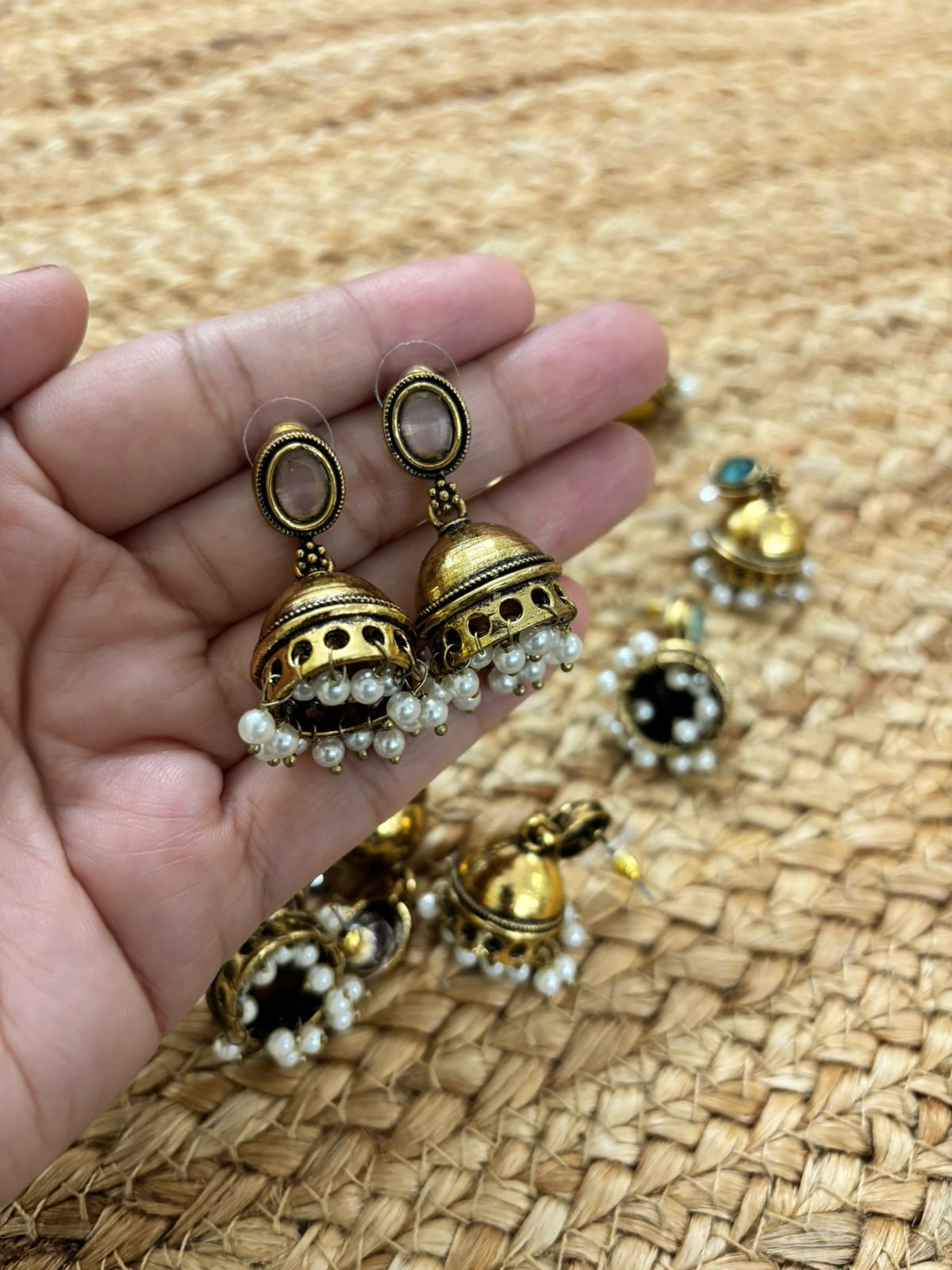 Metallic Oxidised Gold Earrings - Pink