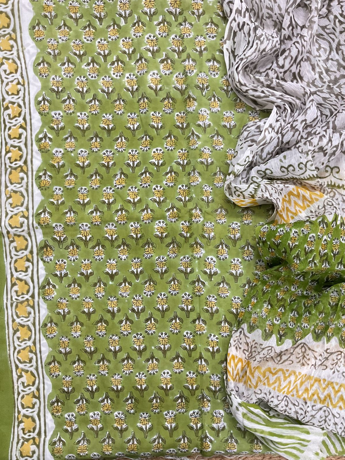 Soft Modal Silk Block Printed Suit - Green