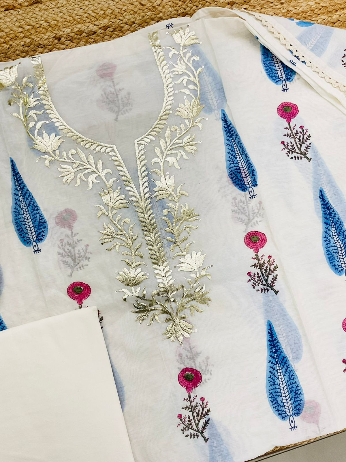 Soft Chanderi Printed Embroidered Suit - Off White