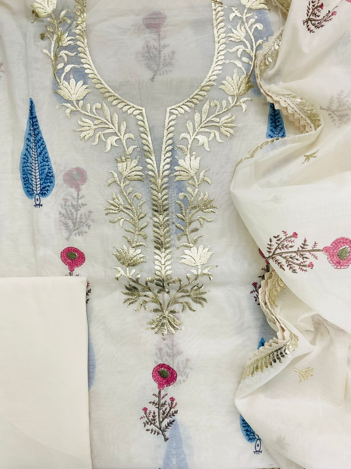 Soft Chanderi Printed Embroidered Suit - Off White