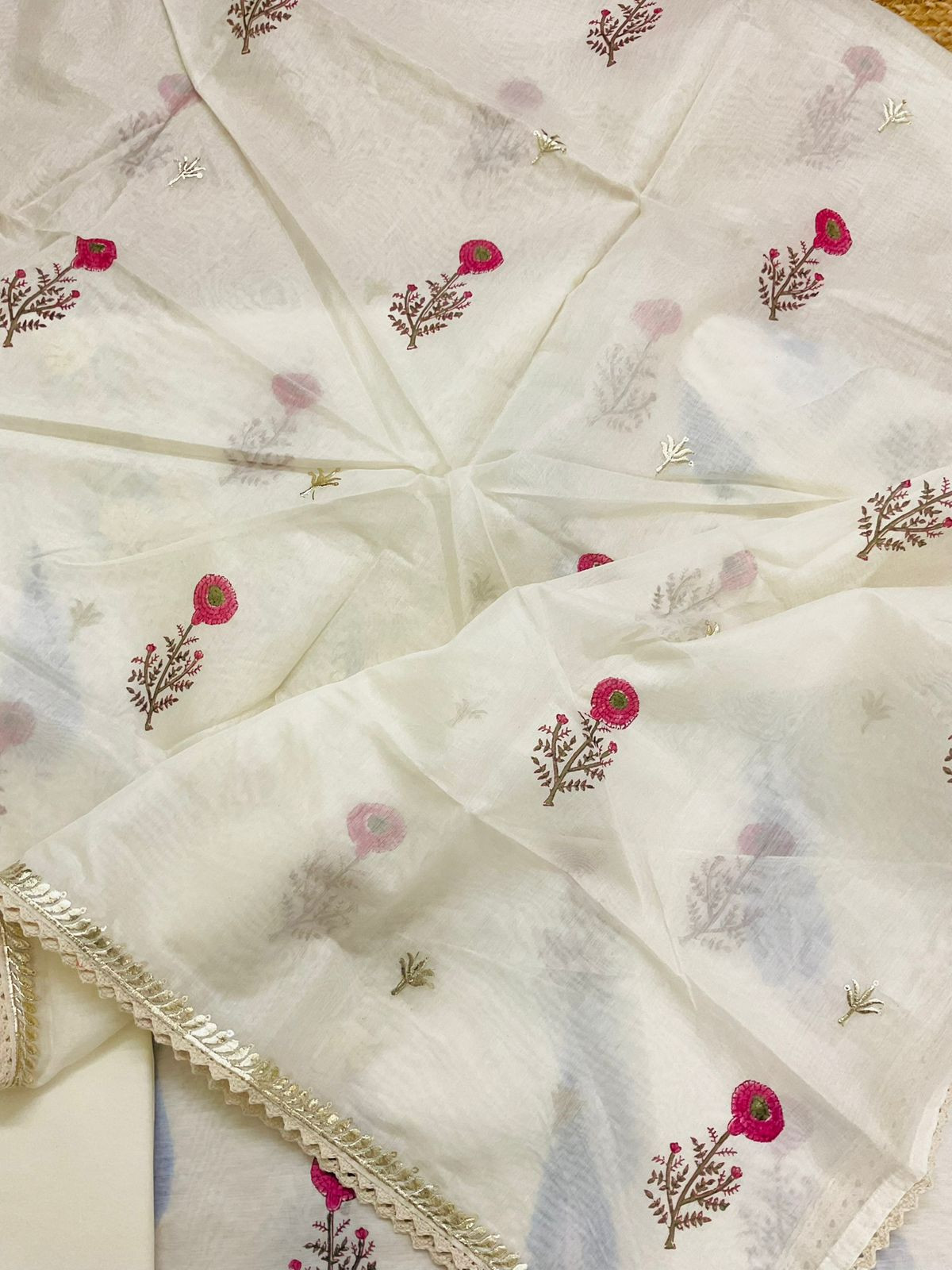 Soft Chanderi Printed Embroidered Suit - Off White