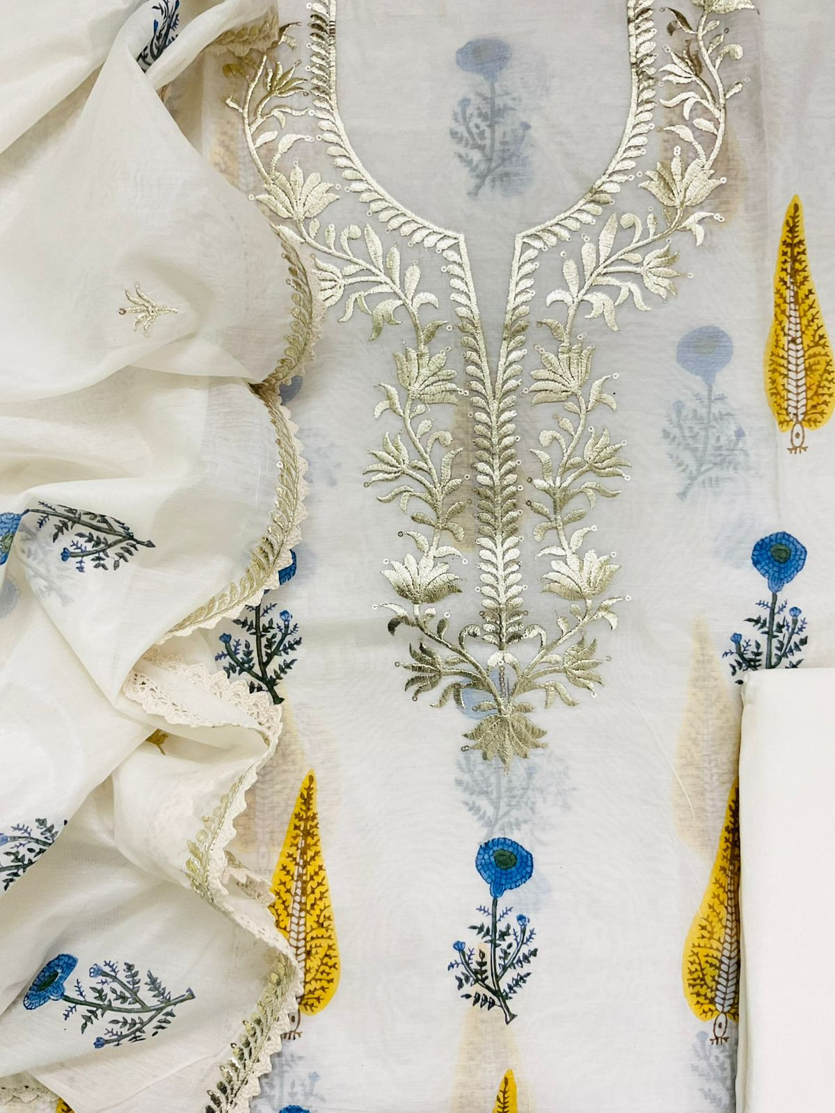 Soft Chanderi Printed Embroidered Suit - Off White