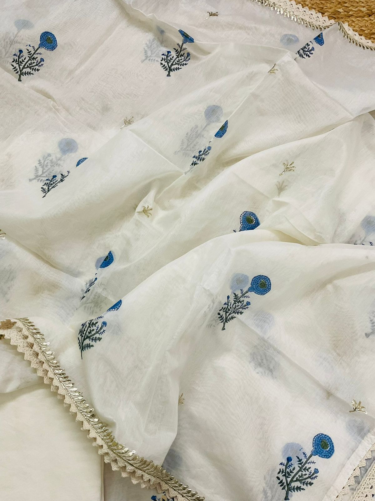 Soft Chanderi Printed Embroidered Suit - Off White