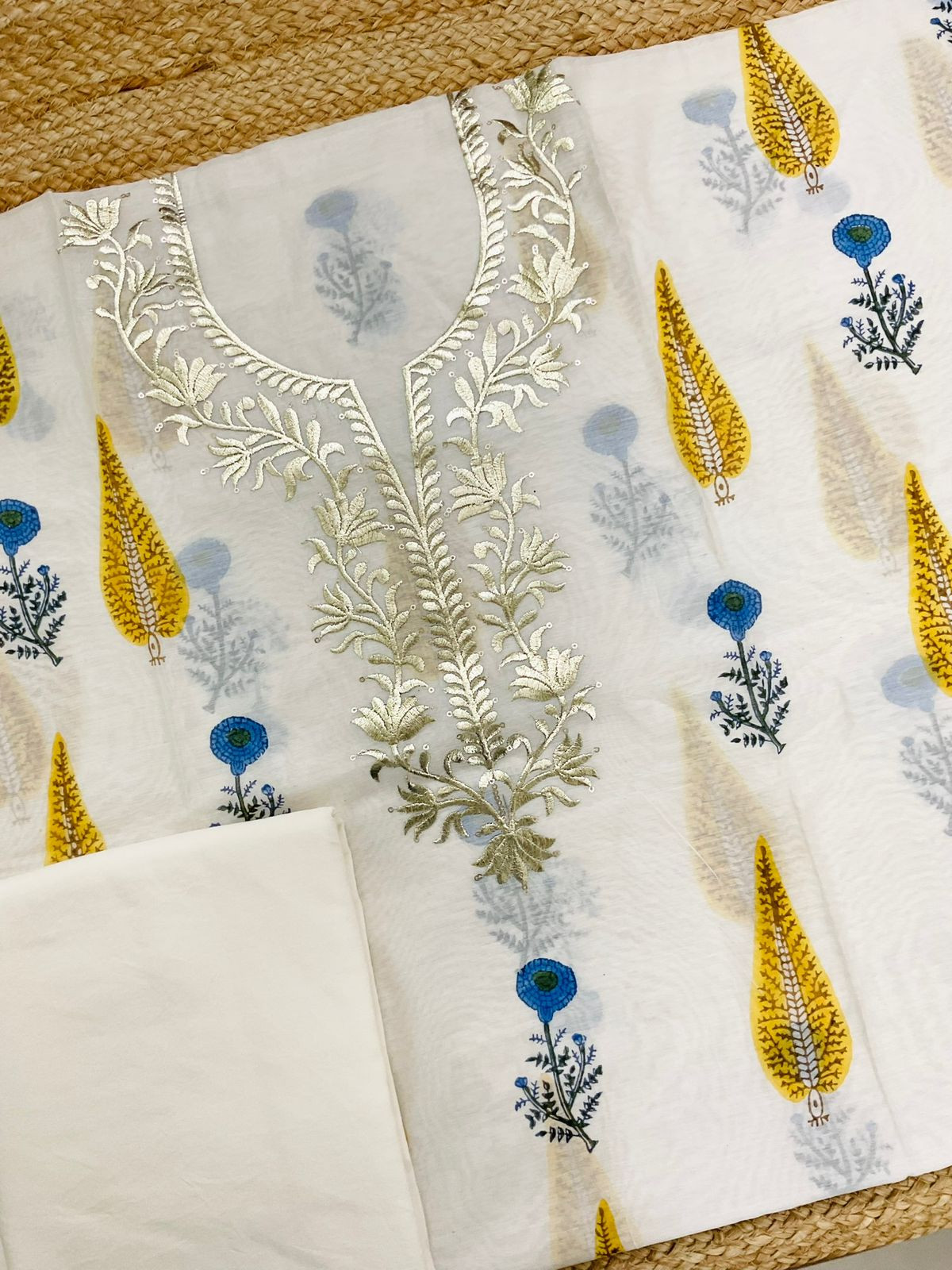 Soft Chanderi Printed Embroidered Suit - Off White