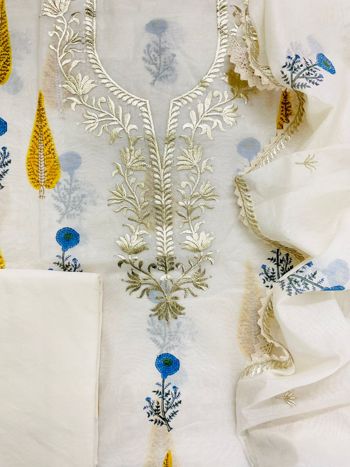 Soft Chanderi Printed Embroidered Suit - Off White